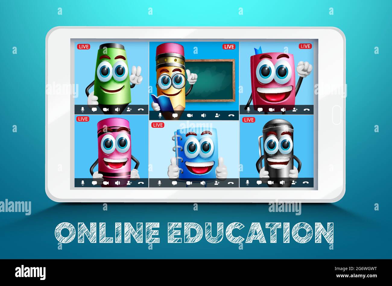 Online-Bildung Schule Video-Konferenz Vektor-Design. Online-Bildungstext mit Lerncharakteren auf dem Bildschirm des digitalen Tablets. Stock Vektor