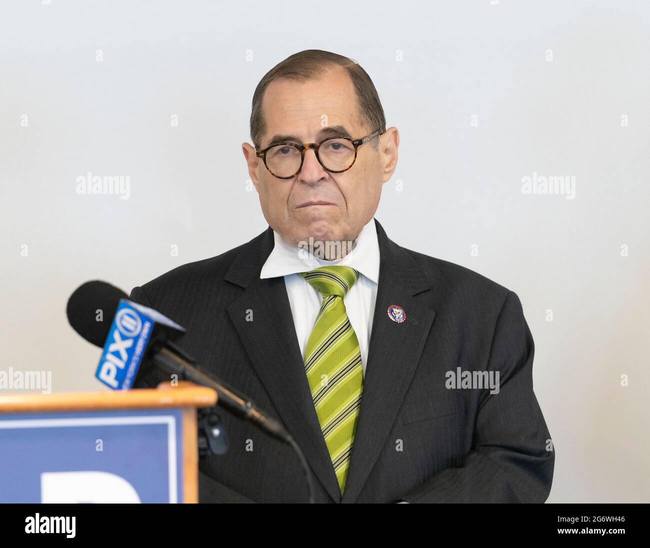 New York, NY - 8. Juli 2021: U. S. Repräsentant Jerry Nadler nimmt an der Pressekonferenz zur erweiterten Kindersteuergutschrift (Expanded Child Tax Credit, CTC) im Ted Weiss Federal Building Teil Stockfoto