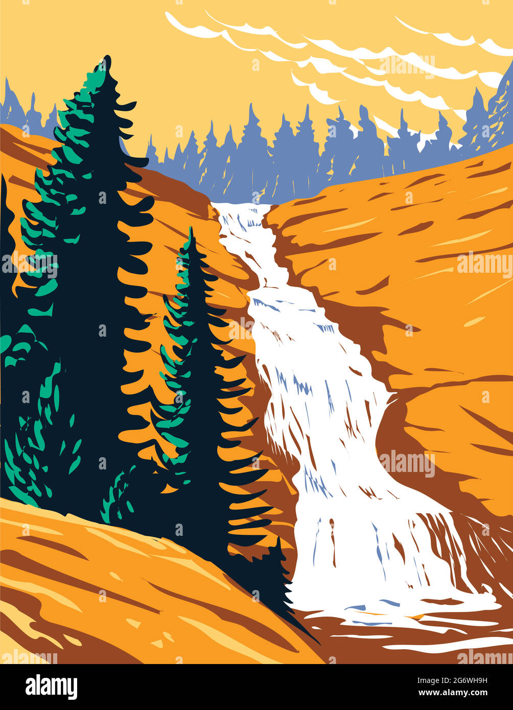WPA-Plakatkunst von Chilnualna Falls auf Chilnualna Creek in Sierra Nevada im Yosemite National Park, Kalifornien, USA in Works-Projekt durchgeführt Stock Vektor