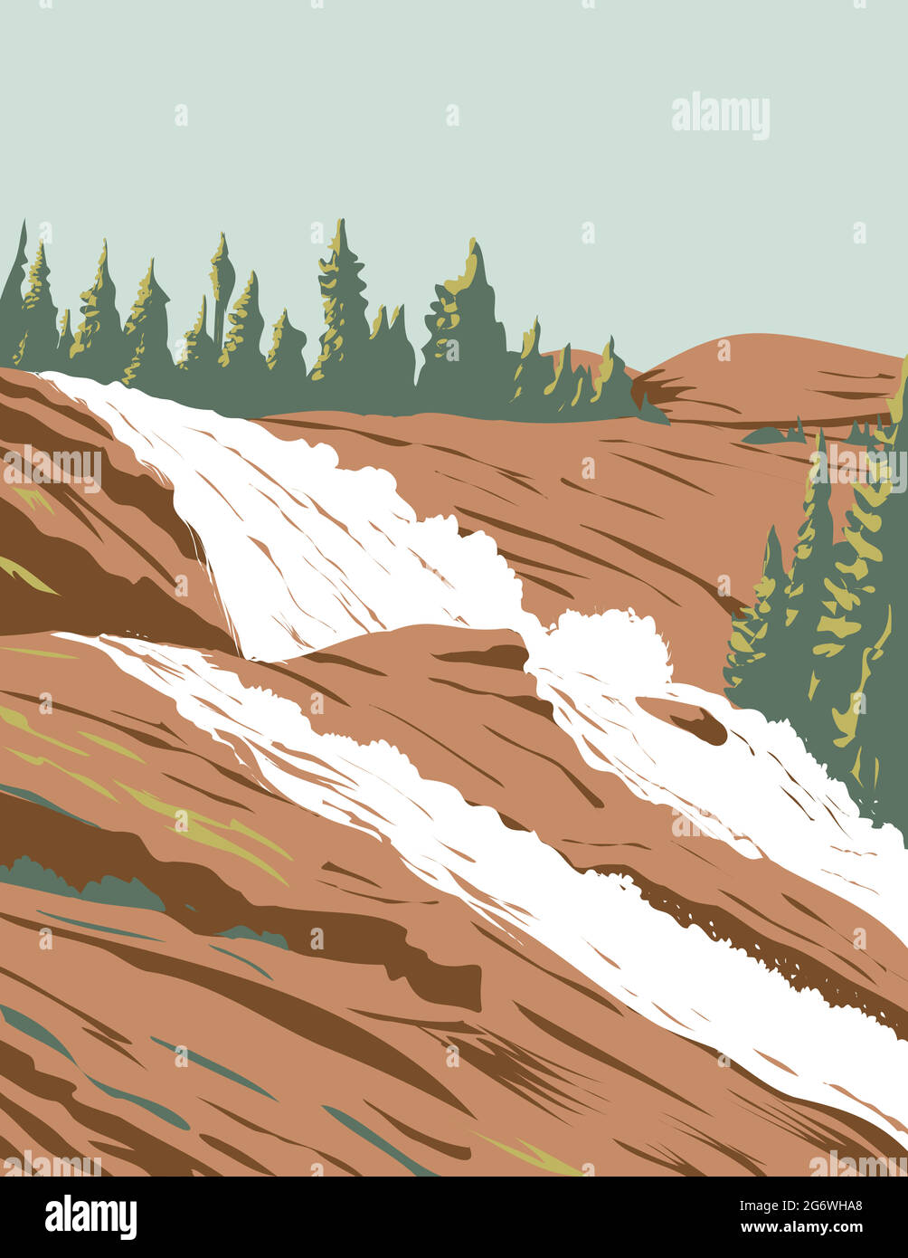 WPA-Plakatkunst von Waterwheel Falls am Tuolumne River in Sierra Nevada im Yosemite National Park, Kalifornien, USA in Arbeiten Projekt A durchgeführt Stock Vektor