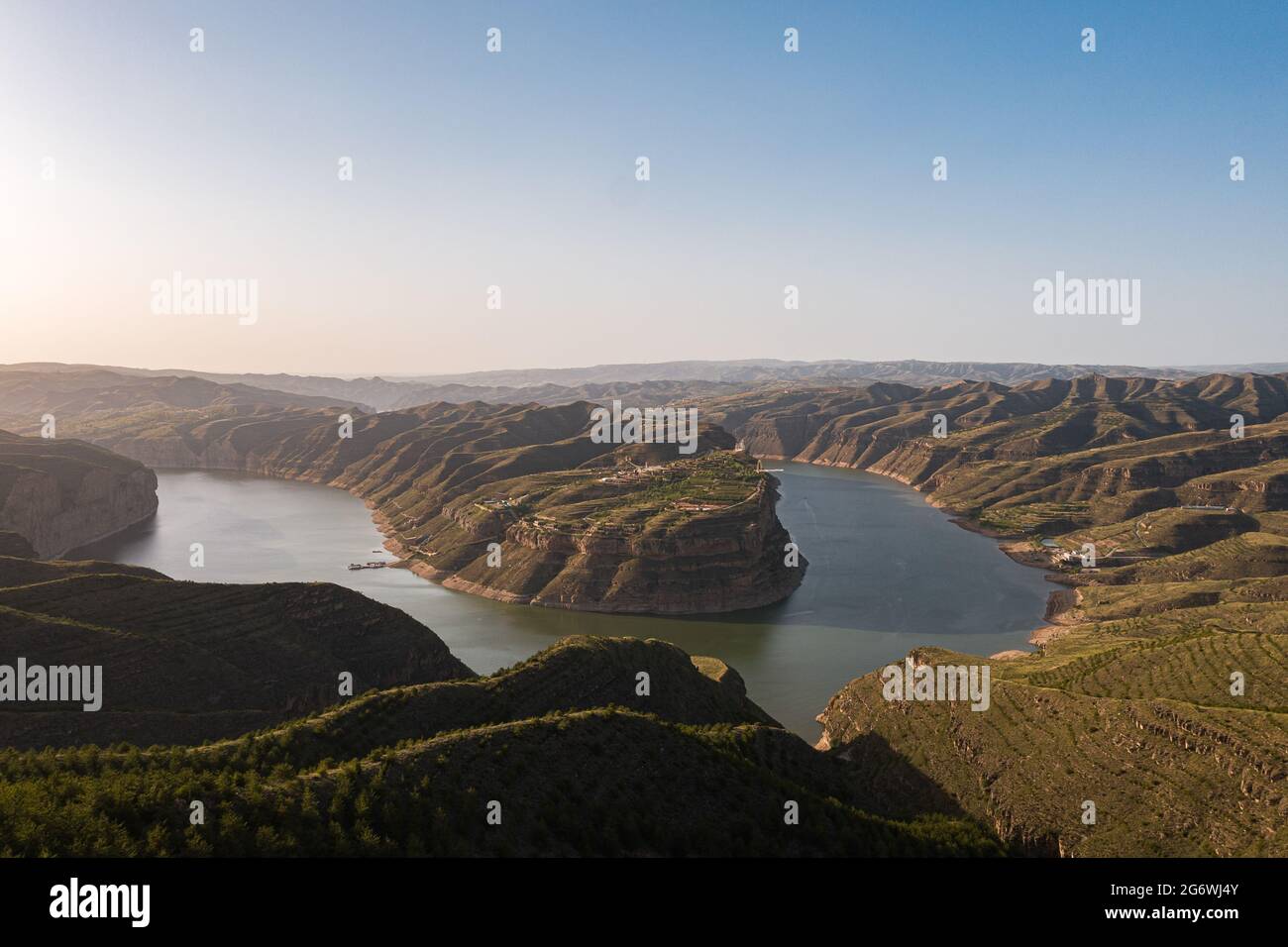 Luftaufnahme der Landschaft der Quelle des Gelben Flusses in Lao Niu Wan, Laoniu Bay, Pianguan, Shanxi, China Stockfoto