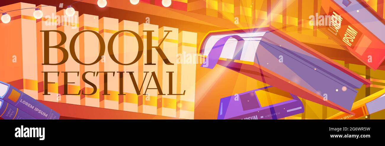 Bücher Festival Cartoon Banner, glühende Bestseller fliegen über Bücherregal. Festveranstaltung im Buchladen oder in der Bibliothek. Geschlossene und offene Volumen mit farbenfrohem Taschenbuch, das im Luftvektor-Webbanner schwebt Stock Vektor