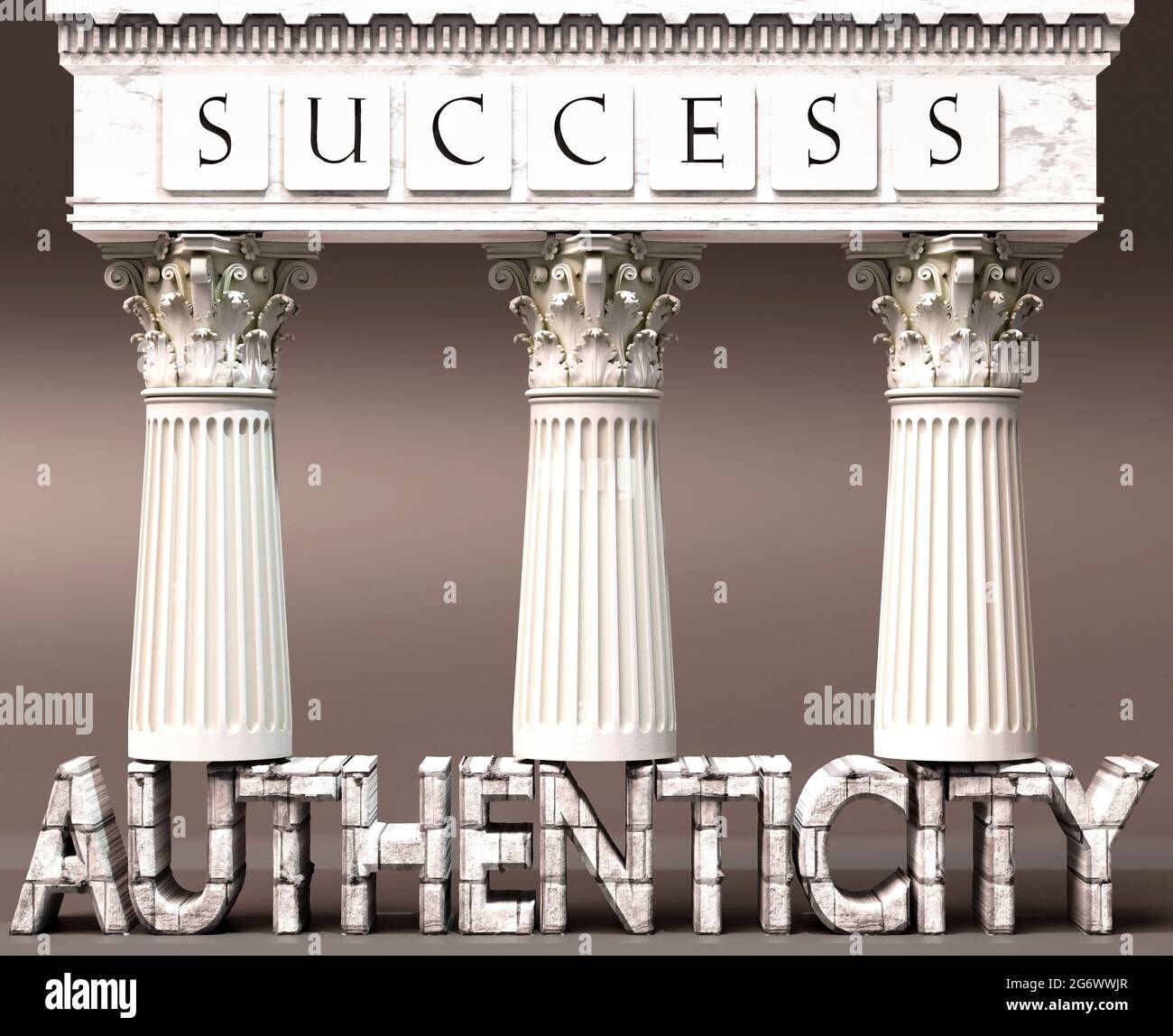 Authentizität als Grundlage des Erfolgs – symbolisiert durch Säulen des Erfolgs, unterstützt durch Authentizität, um zu zeigen, dass sie für das Erreichen der Ziele von A unerlässlich ist Stockfoto