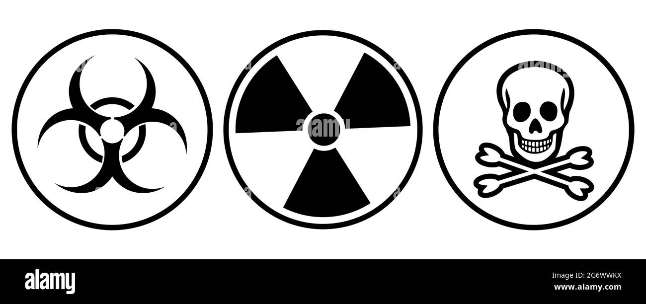 Satz von Zeichen für biologische Gefahren, Toxizität und Strahlung. Gefahrensymbole auf weißem Hintergrund isoliert Stock Vektor