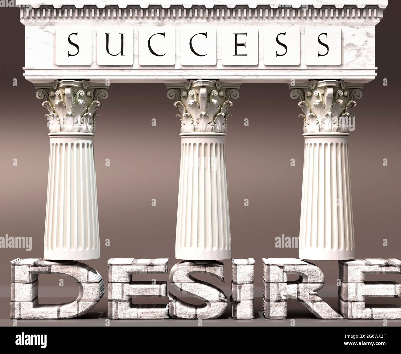 Wunsch als Grundlage für den Erfolg – symbolisiert durch Säulen des Erfolgs, unterstützt durch den Wunsch zu zeigen, dass es für das Erreichen von Zielen und Erfolg unerlässlich ist Stockfoto