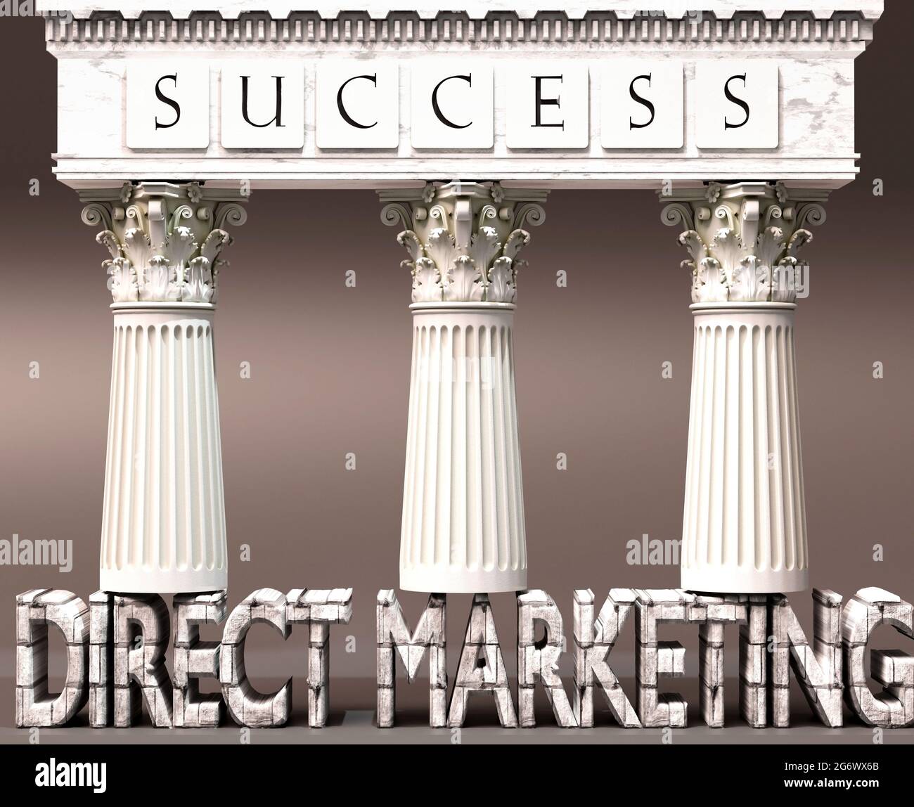 Direktmarketing als Grundlage für den Erfolg – symbolisiert durch Säulen des Erfolgs, unterstützt durch Direktmarketing, um zu zeigen, dass es für die Erreichung unerlässlich ist Stockfoto