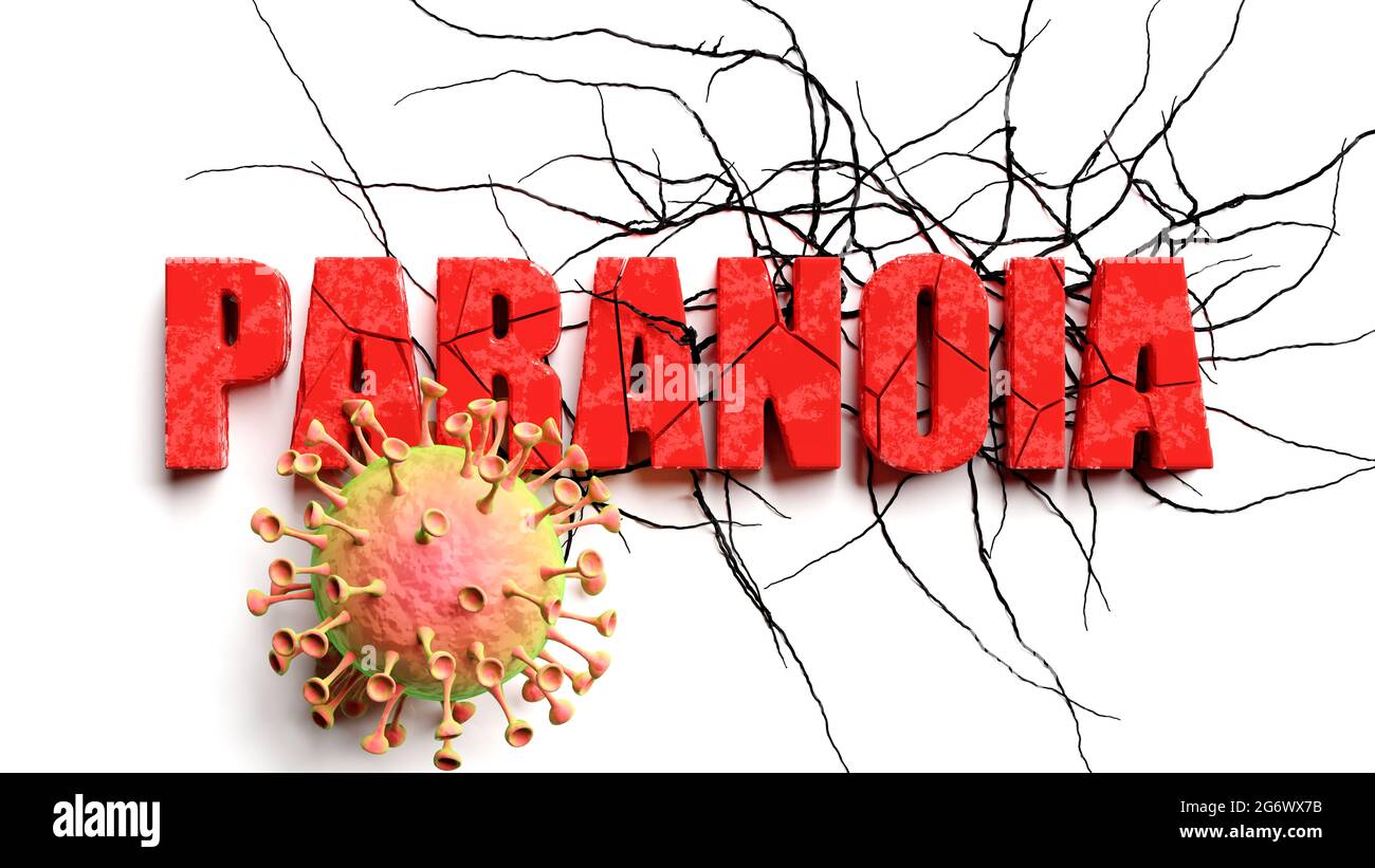 Degradation und Paranoia während der Covid-Pandemie, dargestellt als abnehmender Ausdruck Paranoia und ein Corona-Virus, um die aktuellen Probleme durch Epid zu symbolisieren Stockfoto