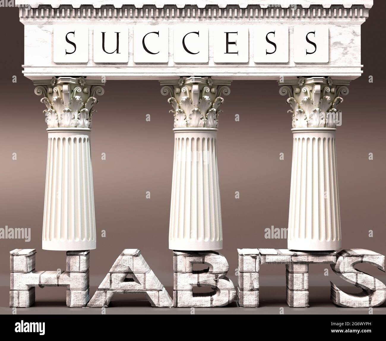 Gewohnheiten als Grundlage des Erfolgs – symbolisiert durch Säulen des Erfolgs, die durch Gewohnheiten unterstützt werden, um zu zeigen, dass sie für das Erreichen von Zielen und das Erreichen von Zielen unerlässlich sind Stockfoto