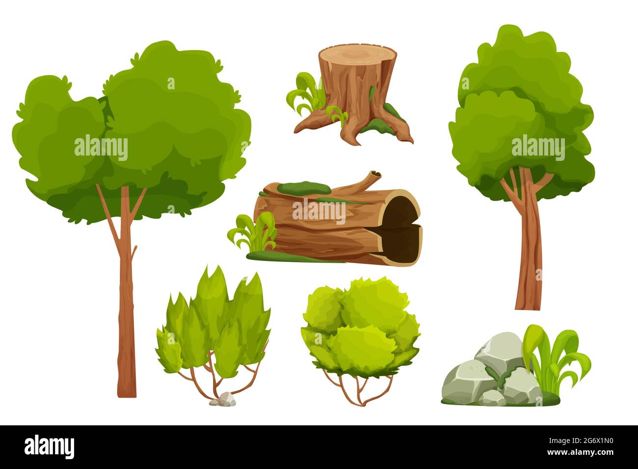 Wald Natur Elemente Landschaft mit Baum, Stumpf, alten Stamm, Busch, Steinhaufen und Moos in Cartoon-Stil isoliert auf weißem Hintergrund gesetzt. UI-Assets, für Computer Spiel Schnittstelle Vektor-Illustrationen. Vektorgrafik Stock Vektor