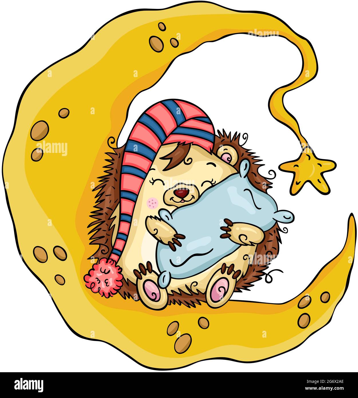 Lustige Igel schlafen mit einem Kissen auf dem Mond Stockfoto