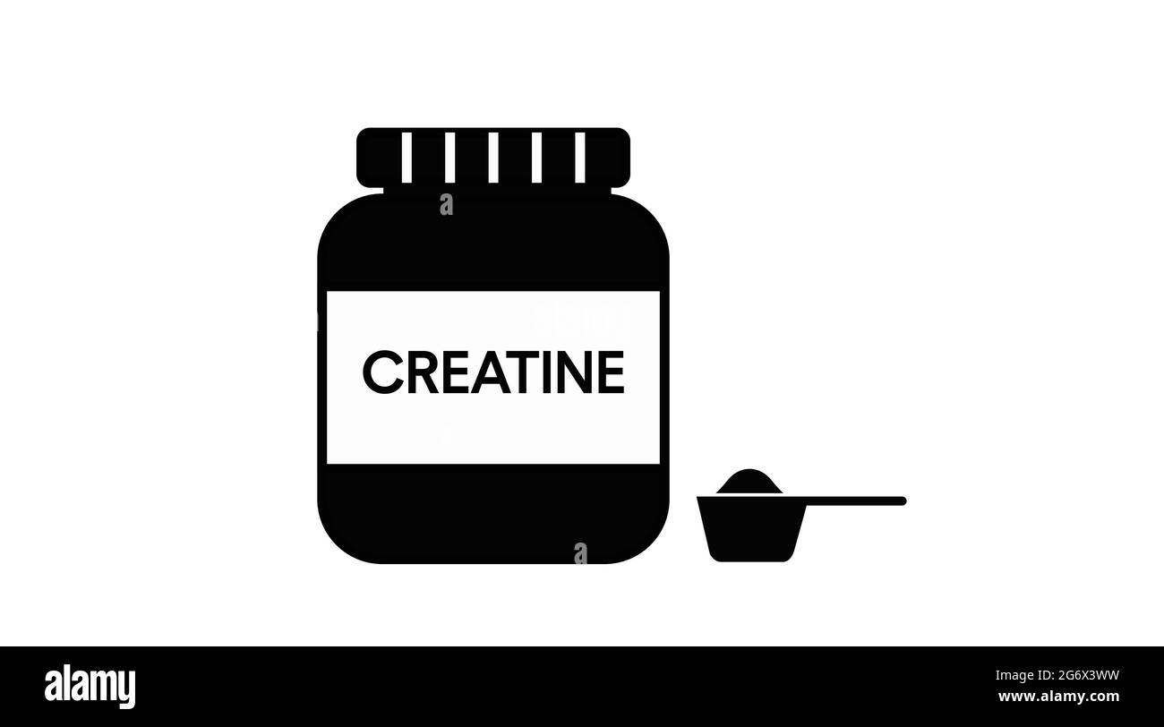 Vektor-isolierte Illustration einer Kreatinflasche und eines Schaufelschaufel. Symbol für die Creatinflasche in Schwarz und Weiß. Stock Vektor