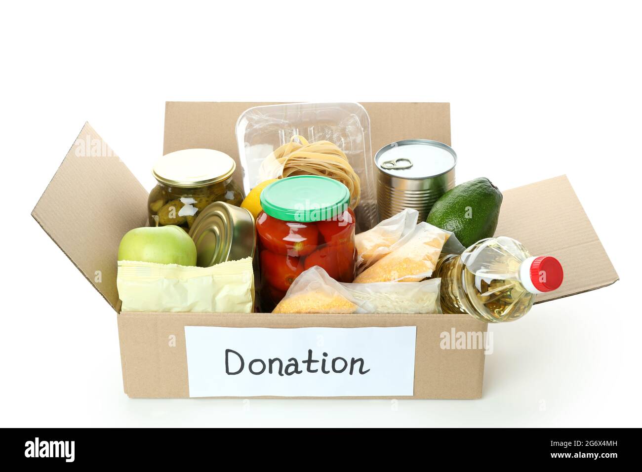 Spendenbox mit isolierten Lebensmitteln auf weißem Hintergrund Stockfoto
