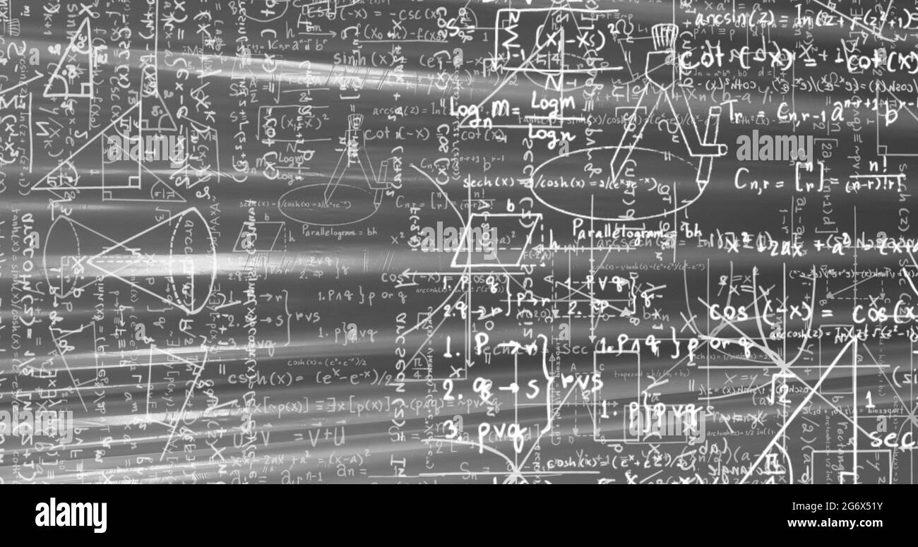 Bild von weißen mathematischen Formeln und geometrischen Zeichnungen auf grau Stockfoto
