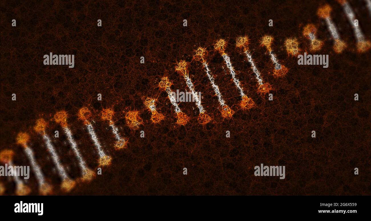 Bild einer verzerrten digitalen 3d-DNA mit oranger und weißer Doppelhelix Stockfoto
