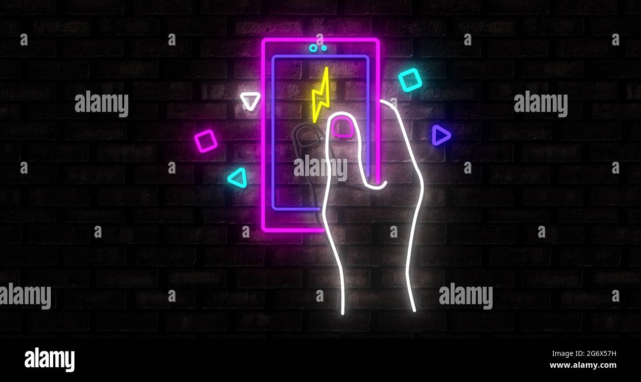 Neon Gaming-Symbole auf schwarzem Hintergrund 4k Stockfoto