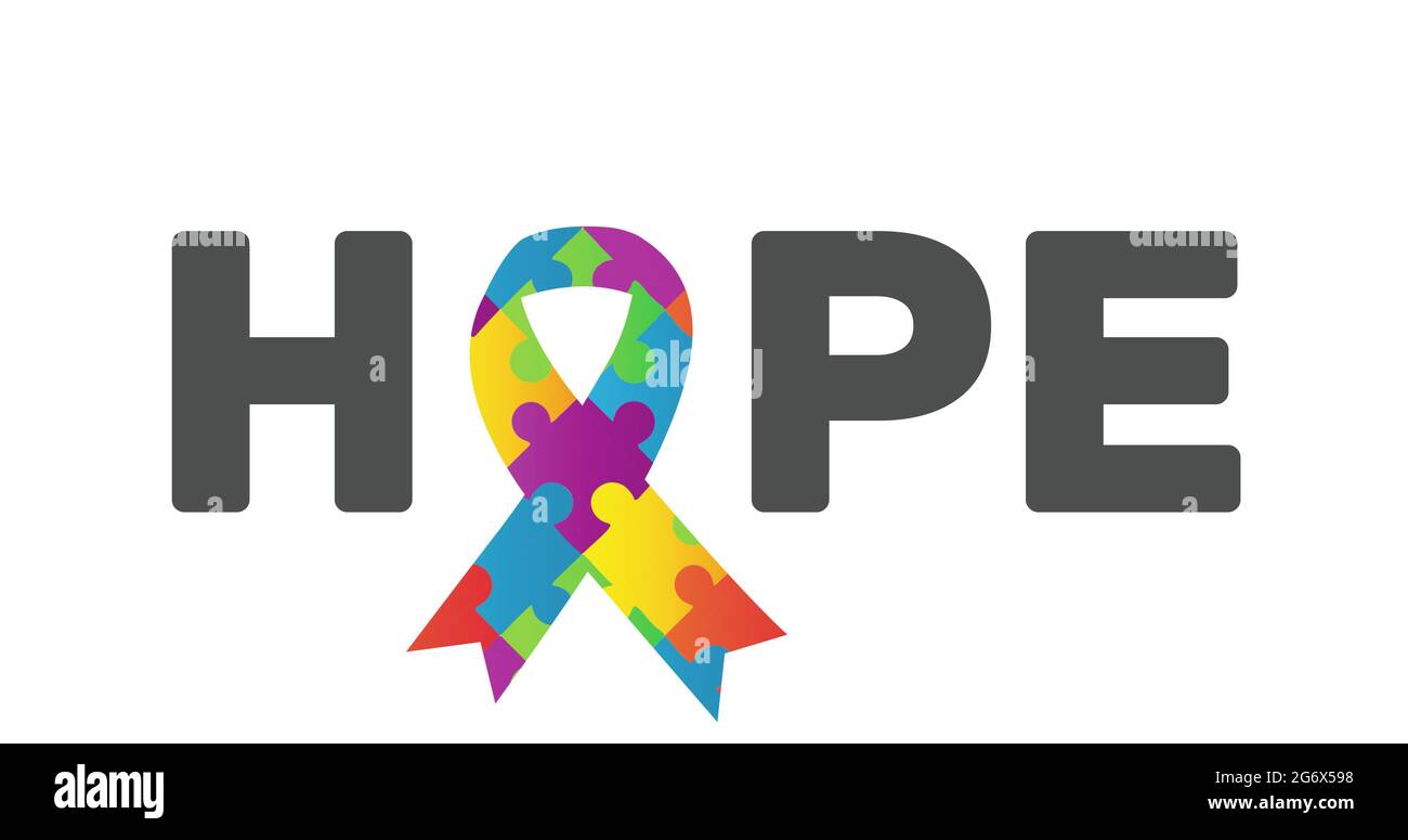 Digital generiertes Bild von Hope Text mit Puzzle-Elementen, die Autismus-Symbol gegen weißen Rücken bilden Stockfoto