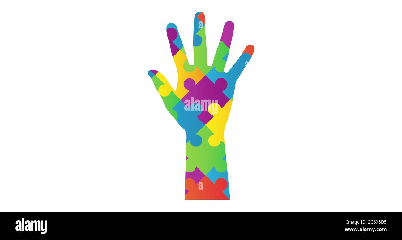 Digital generiertes Bild von Hope Text mit Puzzle-Elementen, die Autismus-Symbol gegen weißen Rücken bilden Stockfoto