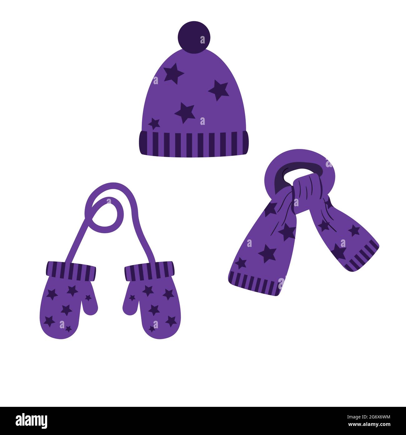 Set von Hut, Schal, lila Fäustlinge mit Sternen, Winter. vektor isoliert auf weißem Hintergrund Stock Vektor
