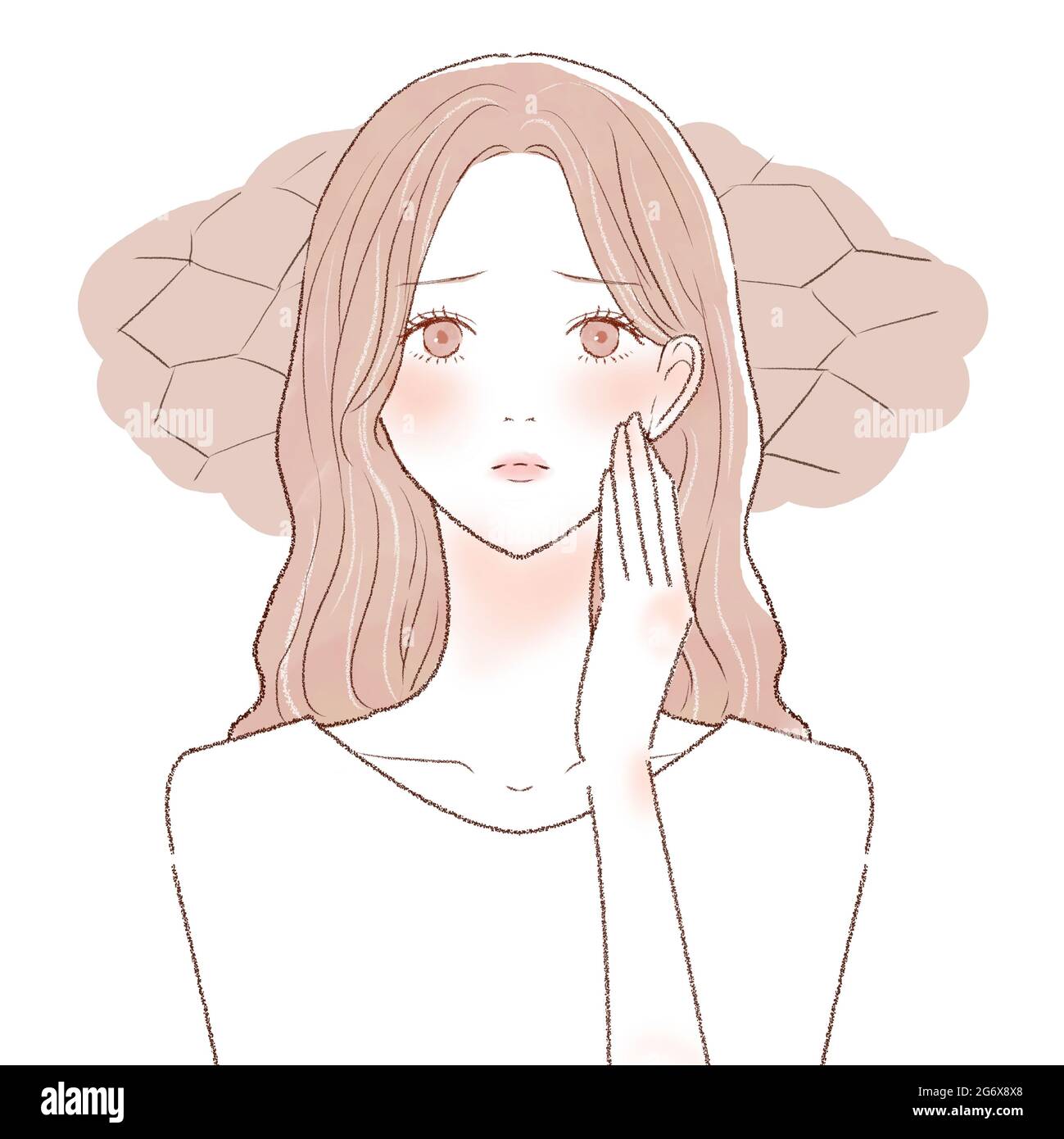 Eine Frau, die an trockener Haut leidet. Auf weißem Hintergrund. Einfache und niedliche Art style.1 Person, vorne, Büste-up. Stockfoto