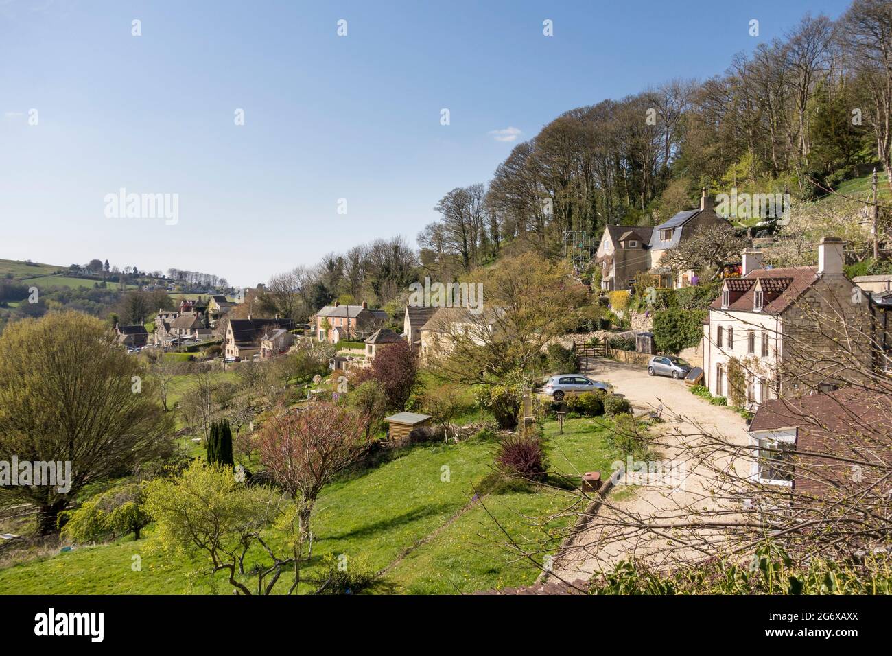 Ansicht von Kingscourt mit Rodborough Common im Hintergrund, Gloucestershire, großbritannien Stockfoto