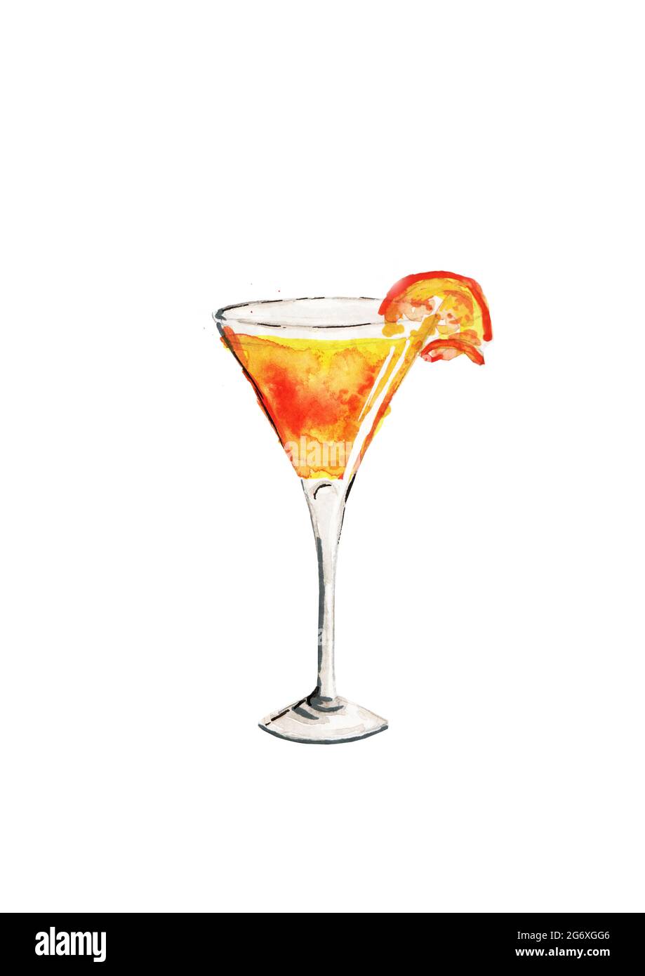 Orange Cocktail handbemalte Aquarell-Illustration, mit einer Scheibe Orange auf weißem Hintergrund Stockfoto