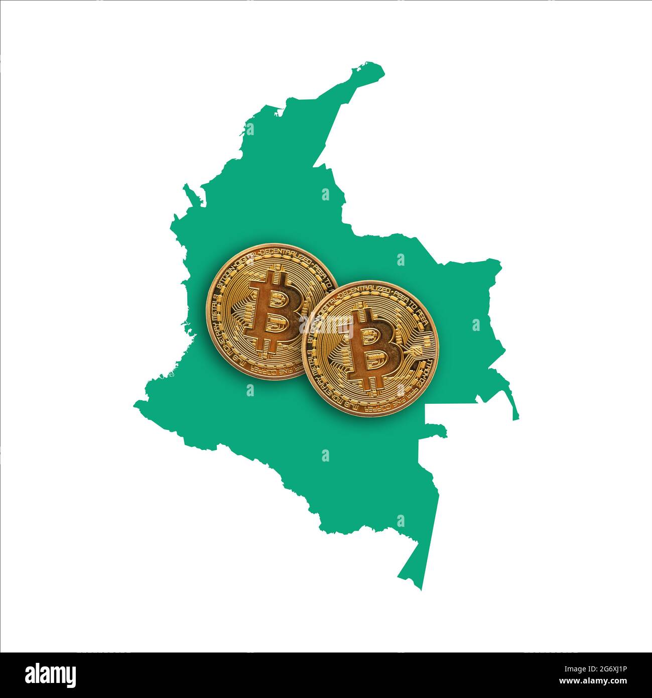 Bitcoin Kryptowährung Münze auf einer Karte von Kolumbien Stockfoto