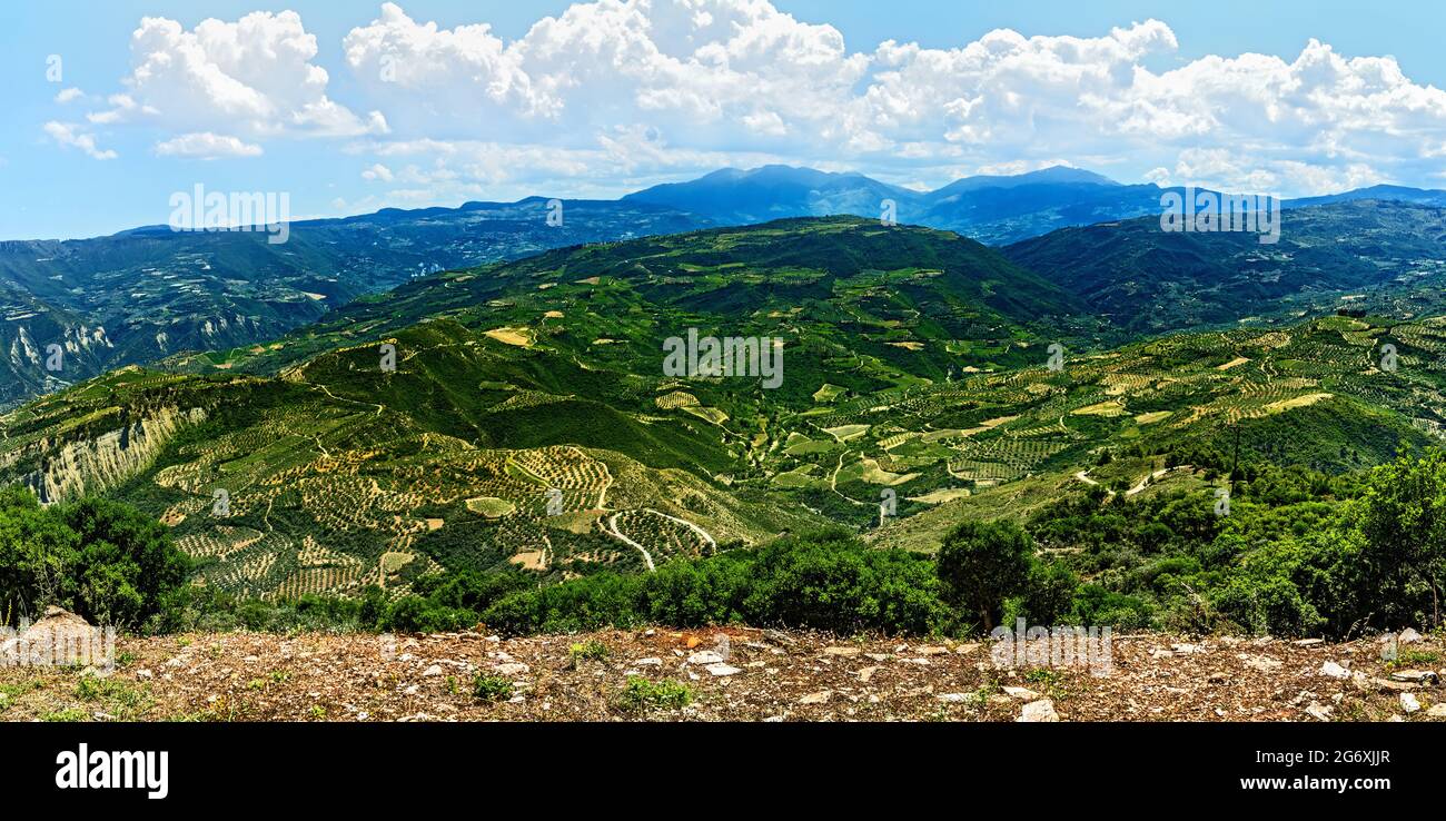 Peloponnes, Griechenland. Die agrarische Landschaft. Berge, Hügel an einem sonnigen Tag. Stockfoto