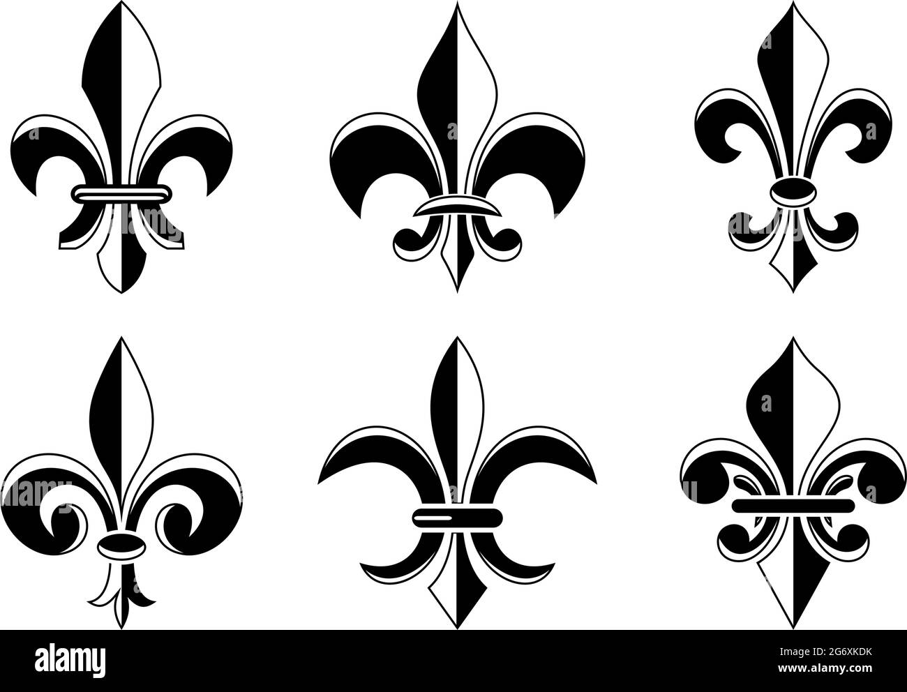 Fleur-de-LIS-Symbol in verschiedenen Variationen auf weißem, isoliertem Hintergrund. Stock Vektor