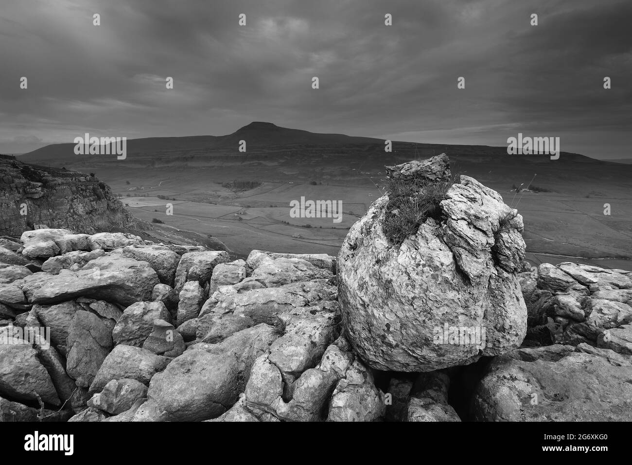 Der Blick nach Ingleborough auf Kalksteinpflaster, bekannt als Twistleton Scars, in der Nähe von Ingleton in den Yorkshire Dales, North Yorkshire, Großbritannien Stockfoto