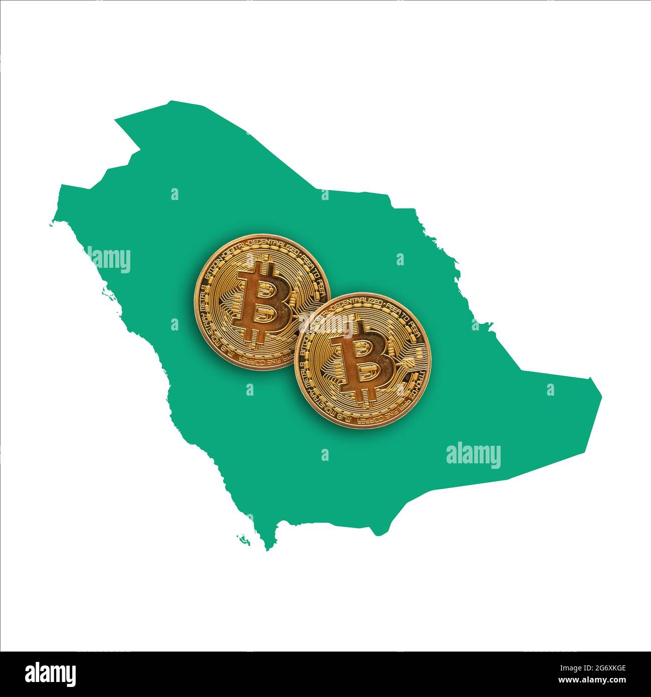 Bitcoin Kryptowährung Münze auf einer Karte von Saudi-Arabien Stockfoto