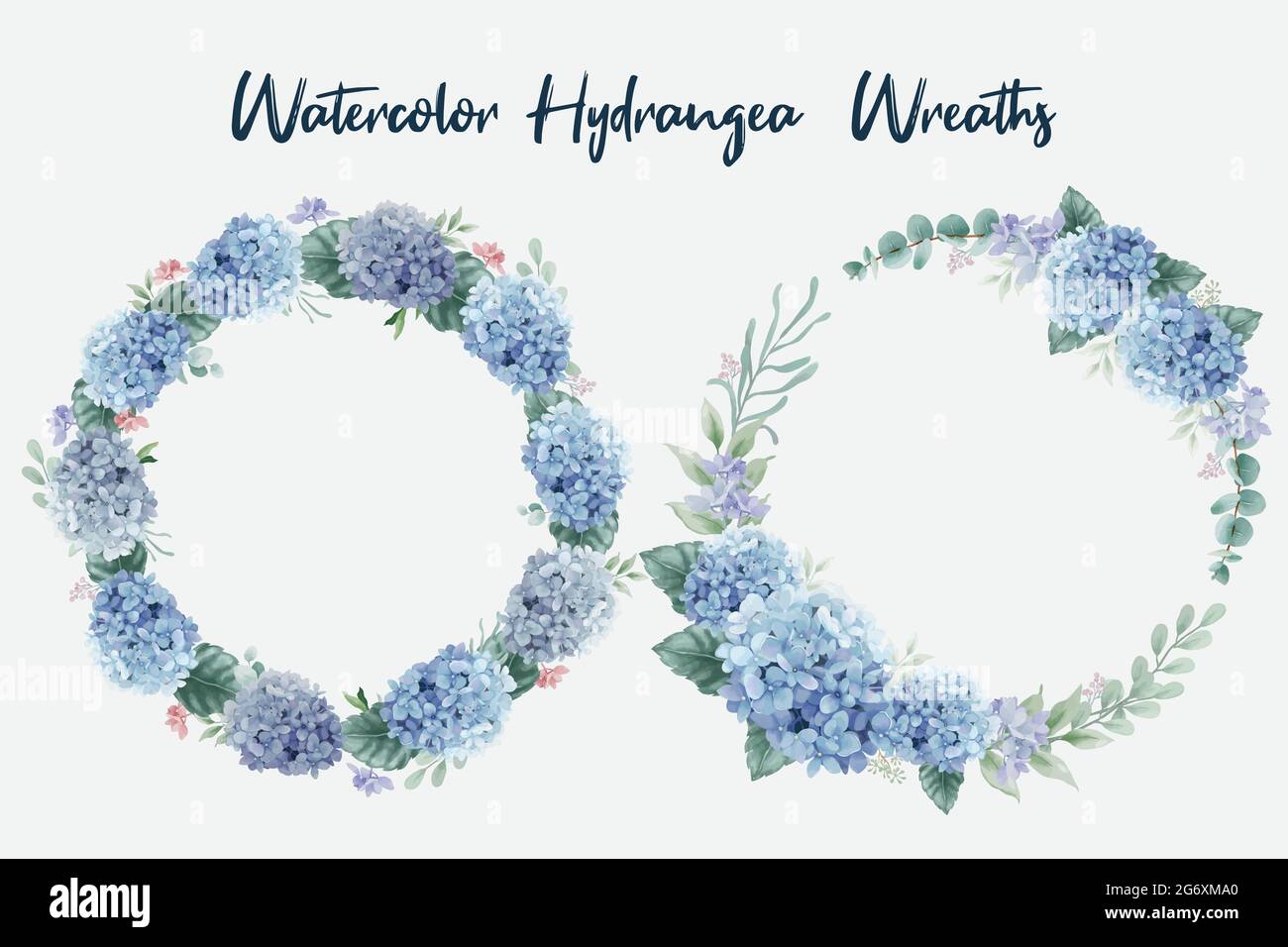 Wunderschöne, wasserfarbige Blumenkränze mit Hortensien und Eukalyptuszweigen Stock Vektor