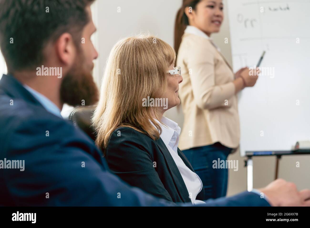 Seitenansicht eines mittleren Alters business Frau ihre Vision und Meinung über ein Projekt präsentieren während einer Entscheidungsfindung Tagung im Konferenzraum Stockfoto