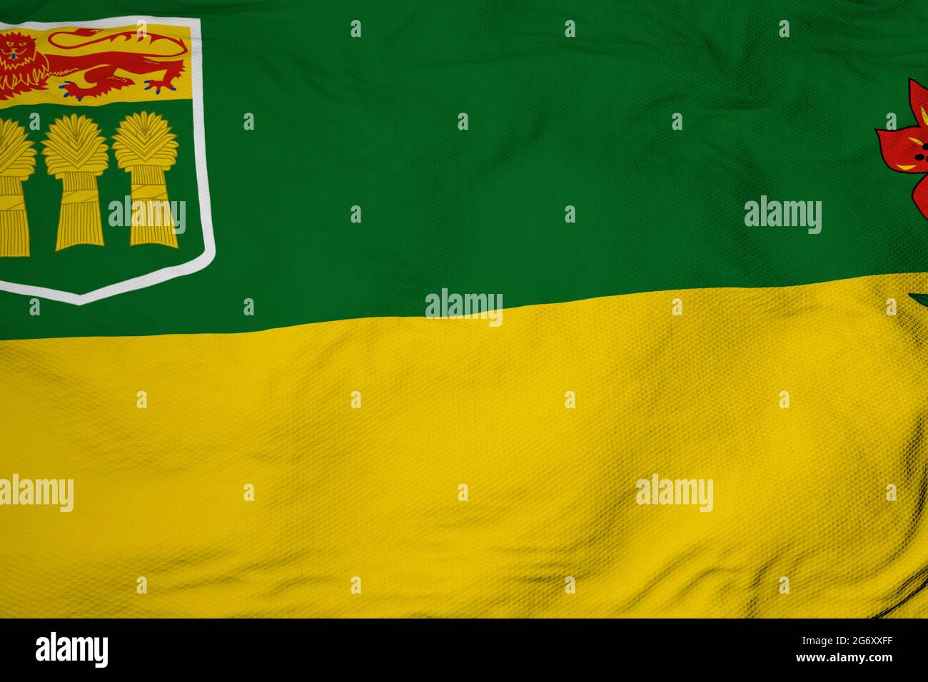 Nahaufnahme einer winkenden Flagge von Saskatchewan (Kanada) in 3D-Rendering. Stockfoto
