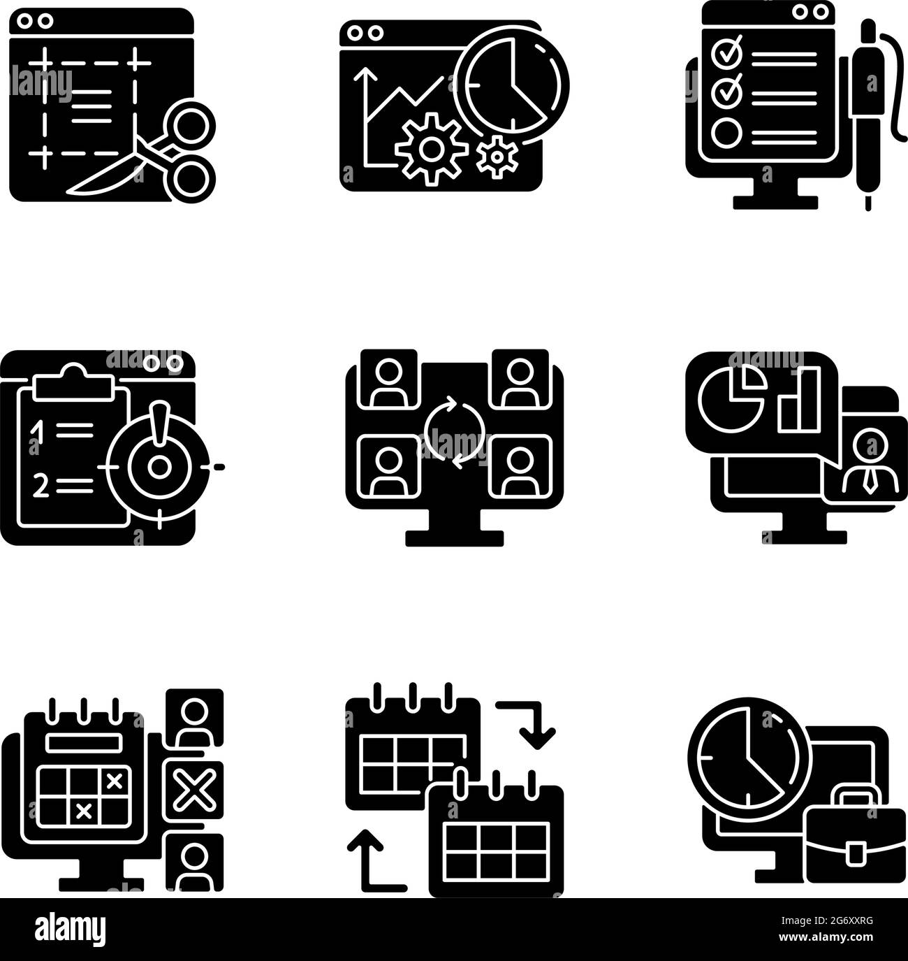 Arbeitsüberwachungswerkzeuge schwarze Glyphen-Symbole auf weißem Raum gesetzt Stock Vektor