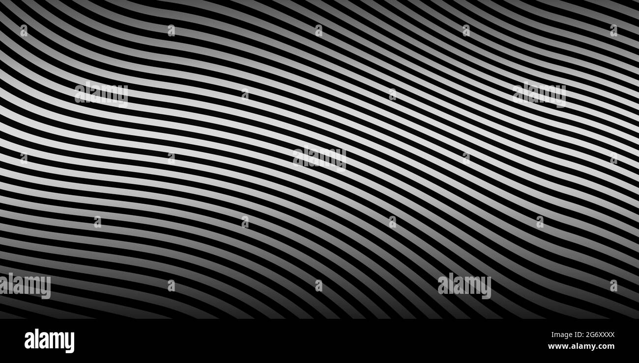Schwarz-weiße, wellige, fließende Linien, Wellen oder Kurven, abstrakter virtueller Hintergrund, Wellenvisualisierung, CGI 3D-Rendering Stockfoto