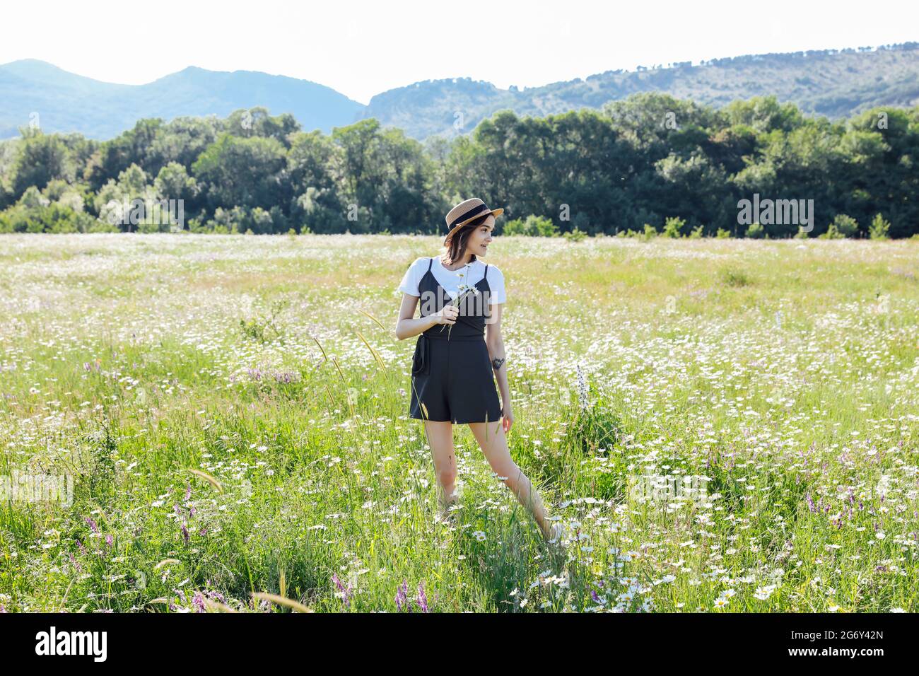 Schöne Frau in Kleid Spaziergänge auf dem Feld der Gänseblümchen Stockfoto