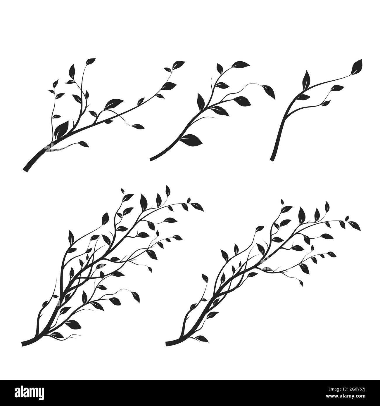 Satz von Baumverzweigungen. Ast Silhouette isoliert auf weißem Hintergrund mit einer Menge von Blättern. Vektorgrafik Stock Vektor