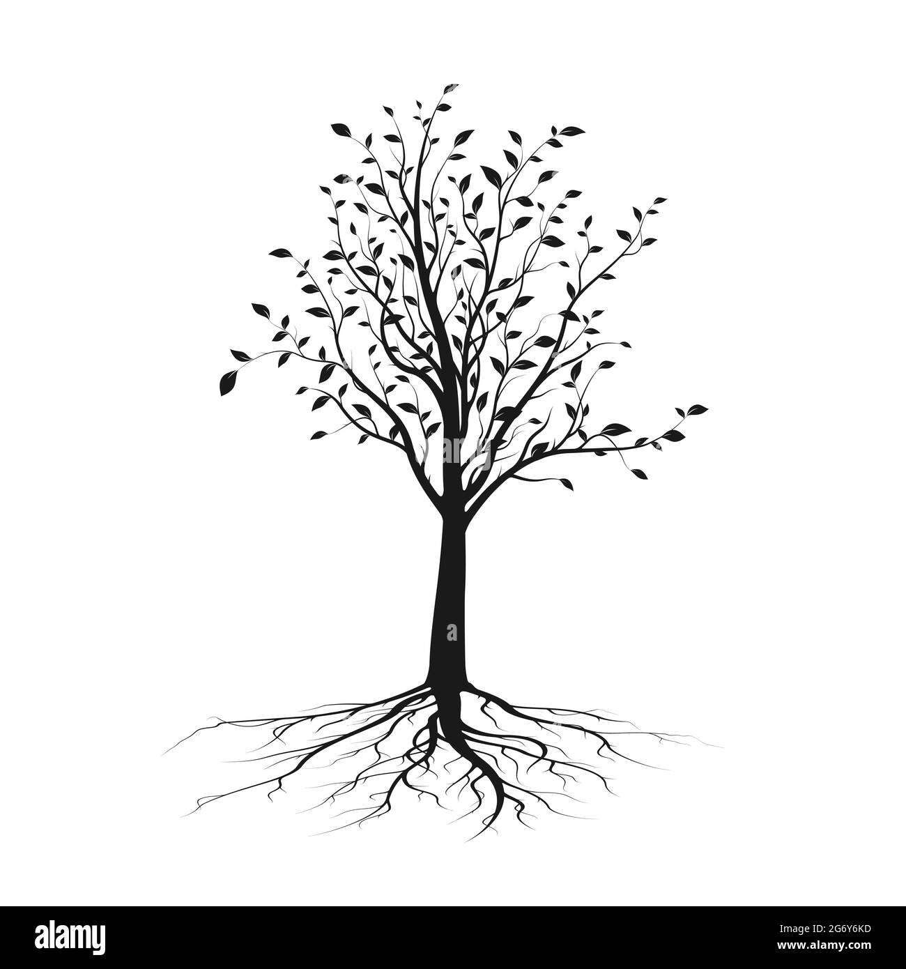 Schwarze Baumsilhouette mit Blättern und Wurzel. Ökologie und Naturkonzept. Vektordarstellung auf weißem Hintergrund isoliert Stock Vektor