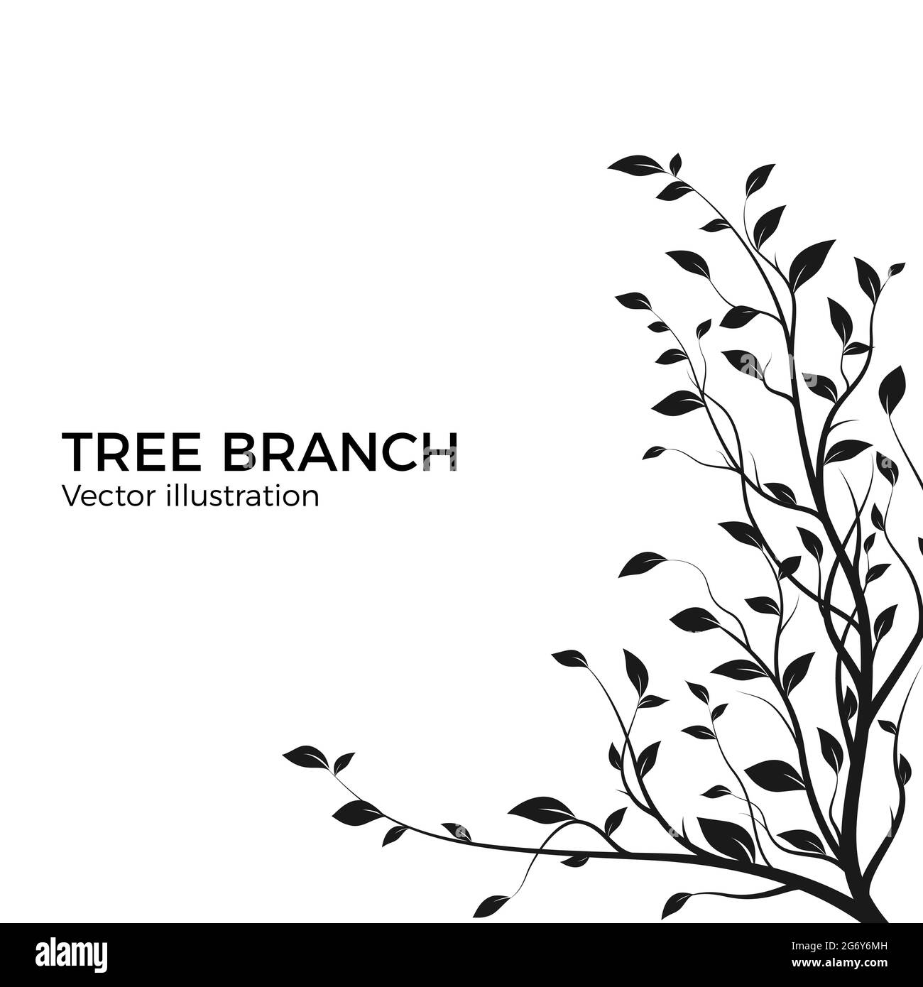 Silhouette Baum Zweig mit einer Menge von Blättern. Bush Silhouette isoliert auf weißem Hintergrund. Dekorationselement. Vektorgrafik Stock Vektor