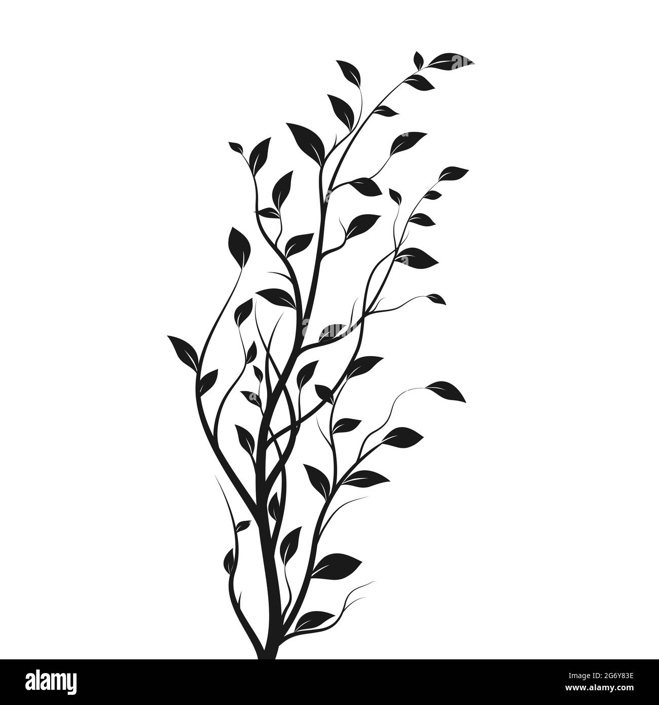 Zweig des Silhouettenbaums. Bush Silhouette isoliert auf weißem Hintergrund mit vielen Blättern. Vektorgrafik Stock Vektor