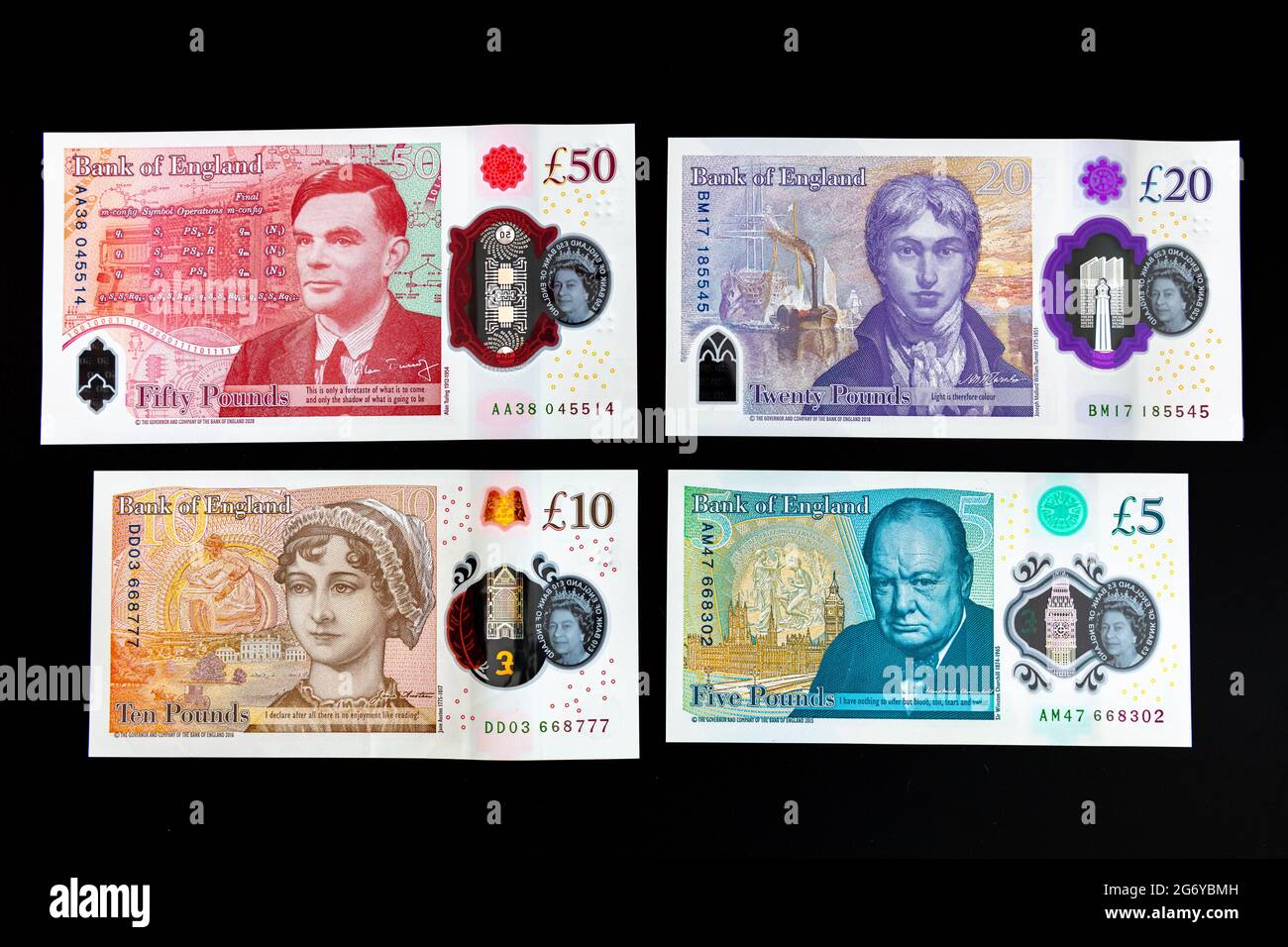 Neue Polymer-Banknoten der Bank of England mit Winston Churchill, Jane Austen, JMW Turner und Alan Turing Stockfoto