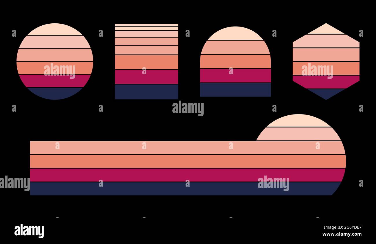 Retro Sonnenuntergang Set mit verschiedenen Formen. Vintage Sunset Kollektion im Stil der 70er Jahre. Fünf Optionen mit Kreis, Rechteck, Sechseck, Halbkreis. Vektor Stock Vektor