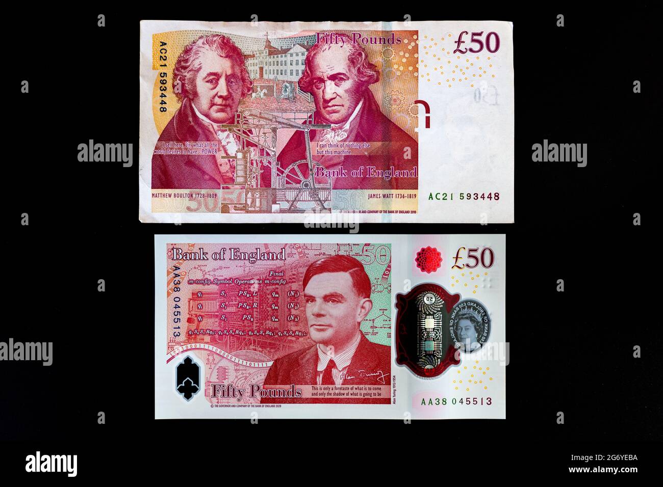 Bank of England Rückseite der neuen und alten 50-Pfund-Banknoten mit Matthew Boulton, James Watt und Alan Turing. Stockfoto