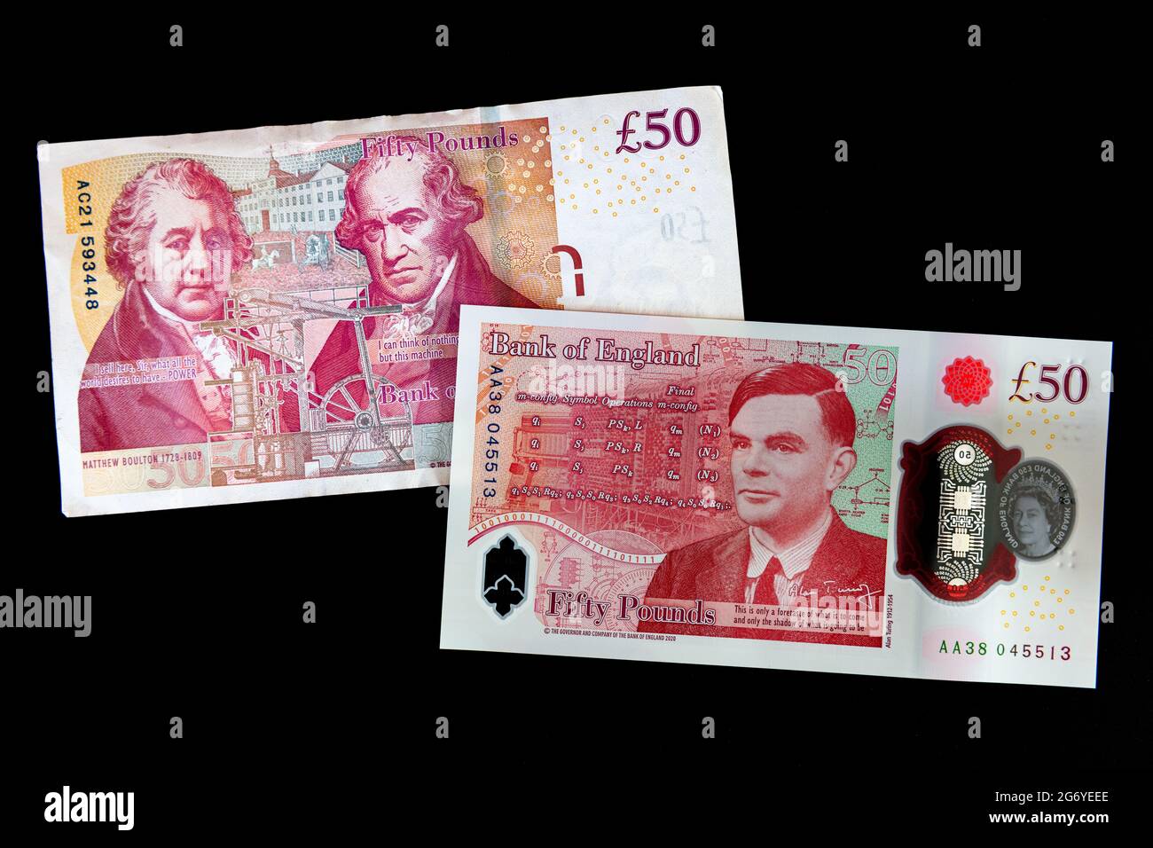 Bank of England Rückseite der neuen und alten 50-Pfund-Banknoten mit Matthew Boulton, James Watt und Alan Turing. Stockfoto