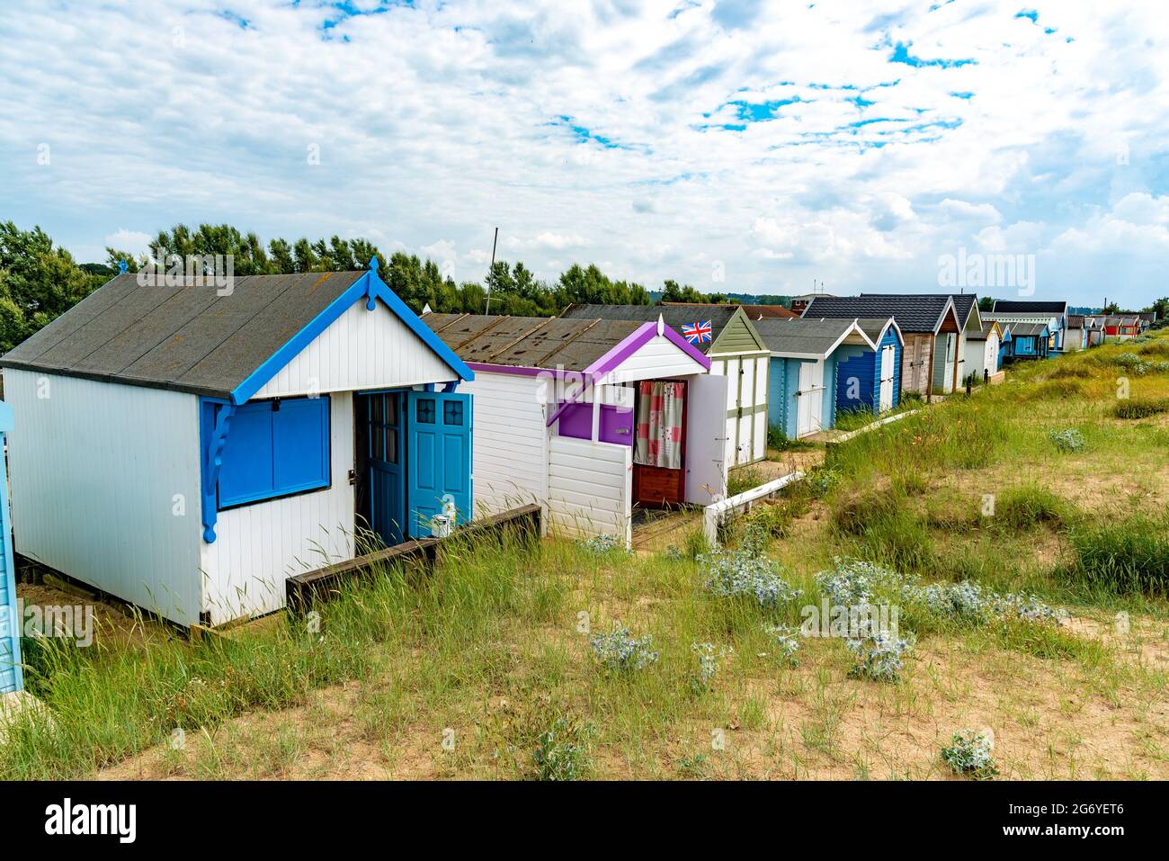 Strandhütten, Heacham, Norfolk, Großbritannien Stockfoto