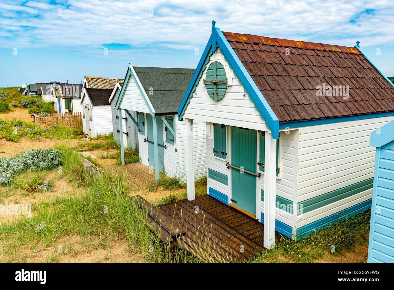 Strandhütten, Heacham, Norfolk, Großbritannien Stockfoto