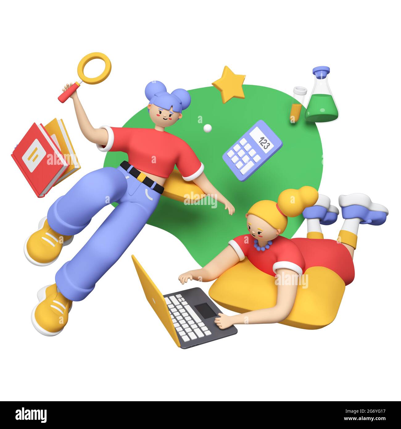 Mädchen studieren am Laptop - bunte 3D-Stil Illustration mit Comic-Figuren. Bildung, Freizeitaktivitäten für Schüler und Studenten. Zwei Mädchen Stockfoto