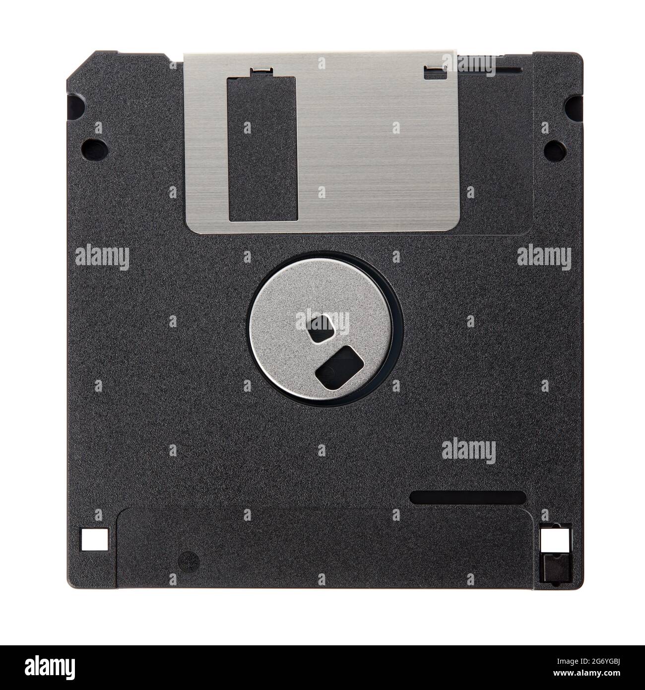 Schwarze Diskette mit leerem Etikett auf weißem Hintergrund, Beschneidungspfad Stockfoto