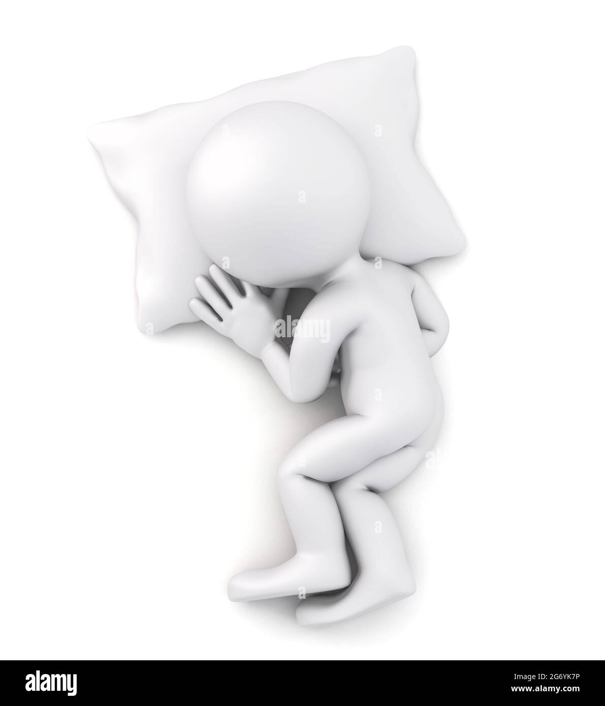 3D-Mann schläft mit weißem Kissen. 3D-Illustration. Isoliert. Enthält Beschneidungspfad Stockfoto