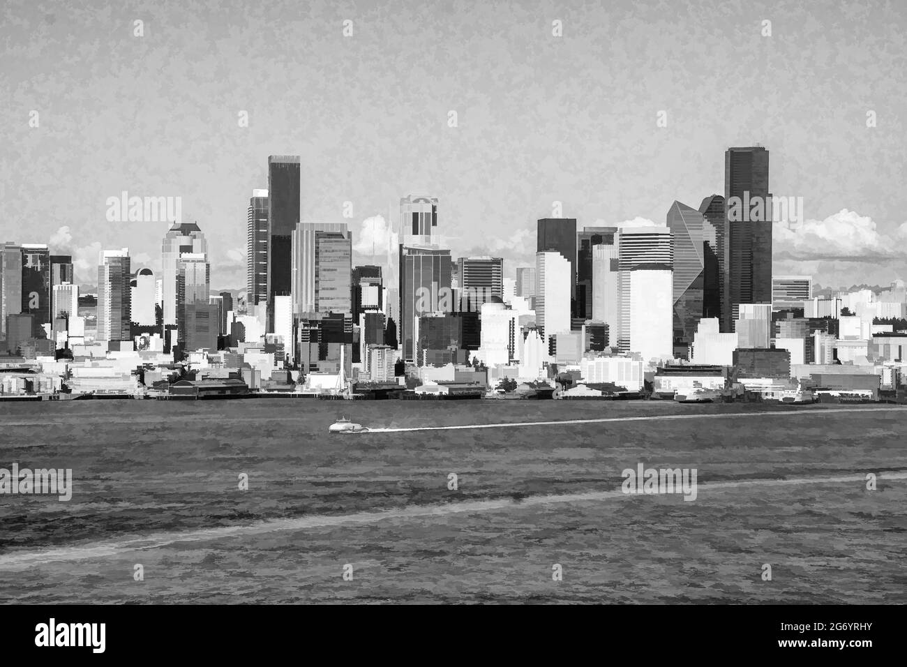 Blick auf Elliott Bay und die Skyline von Seattle. Schwarz-Weiß-Abbildung. Stockfoto